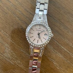 Fossil silver stainless watch with light pink face